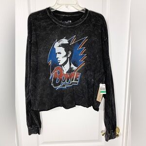 NWT True Vintage DAVID BOWIE Cropped Long Sleeve Tee Acid Washed Black Large